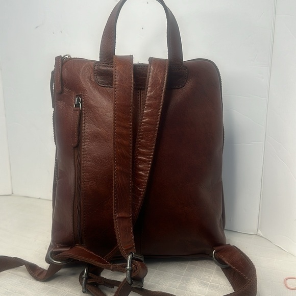 Wild West Los Angeles Cognac Brown Leather Backpack Plaid Interior Card Slots - Picture 5 of 10